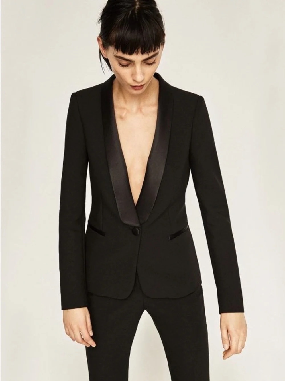 Zara Basic Black Tuxedo Blazer Faux Leather Lapel Tailored Jacket XS